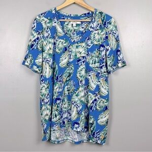 Chico’s blue cotton modal she’ll print v-neck hi-lo hem t-shirt top, medium.